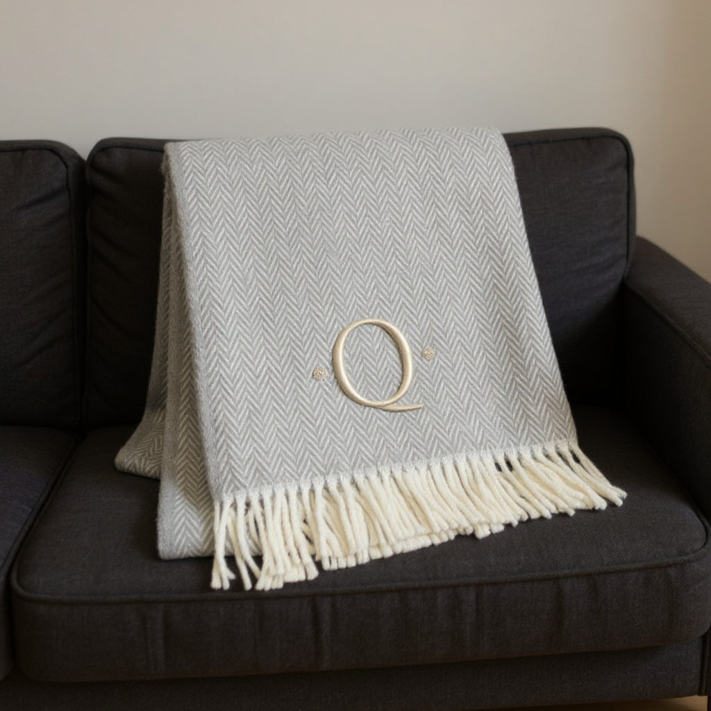 55" X 70" Gray And White Herringbone Cotton Blend Q Initial Throw Blanket with Tassels And Embroidery-1