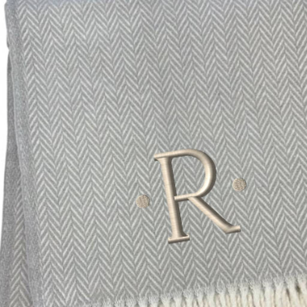 55" X 70" Gray And White Herringbone Cotton Blend R Initial Throw Blanket with Tassels And Embroidery-3