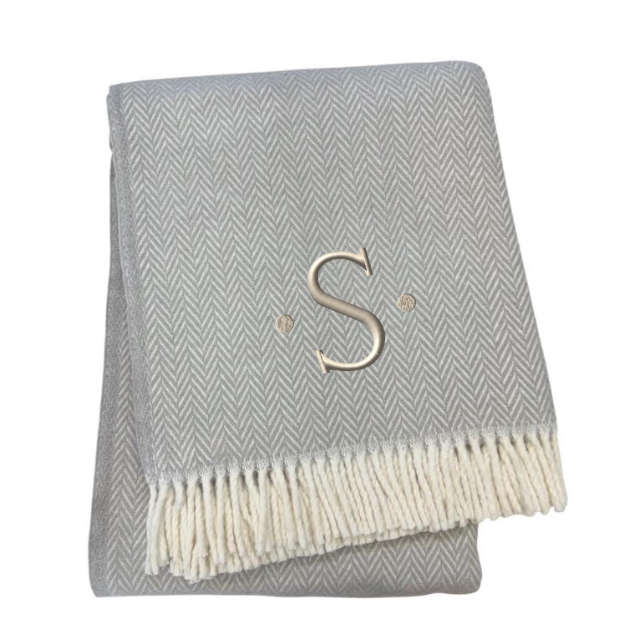 55" X 70" Gray And White Herringbone Cotton Blend S Initial Throw Blanket with Tassels And Embroidery-2