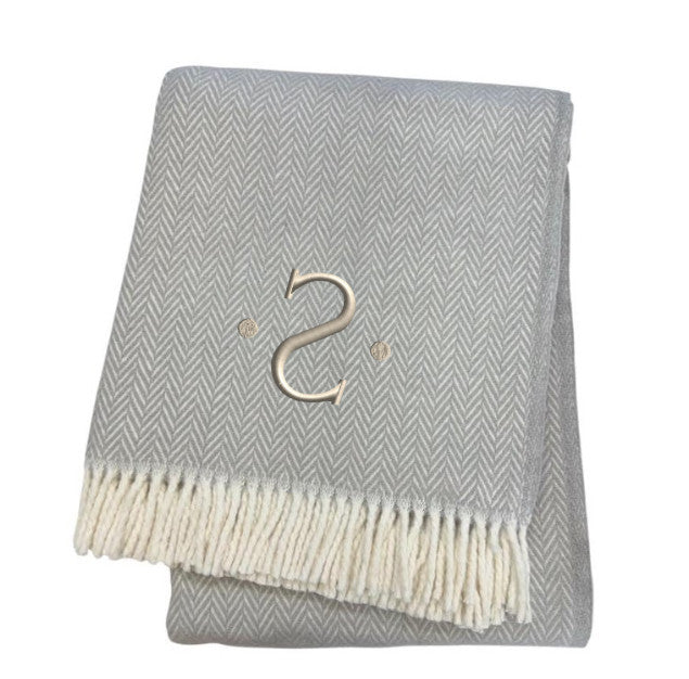 55" X 70" Gray And White Herringbone Cotton Blend S Initial Throw Blanket with Tassels And Embroidery-3