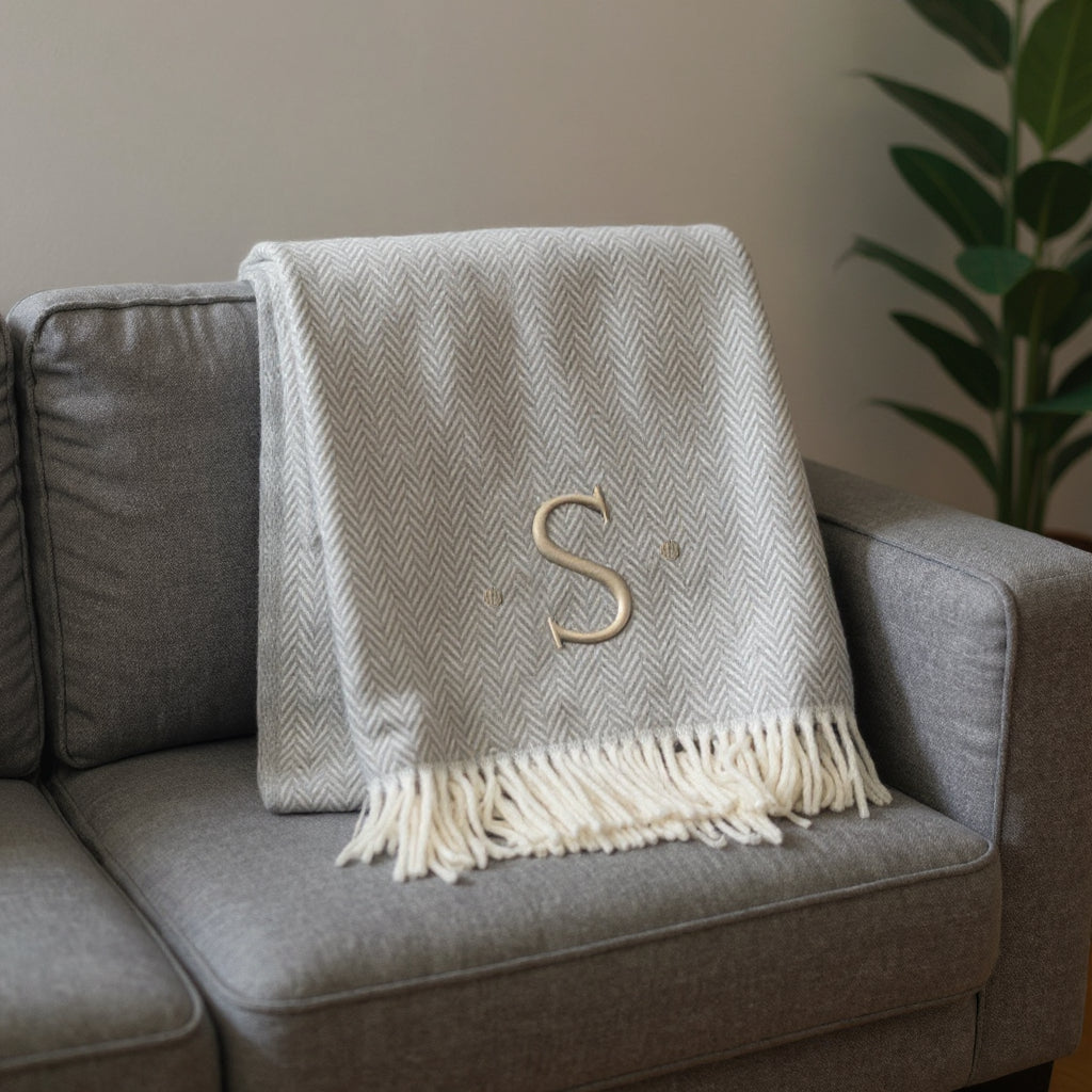 55" X 70" Gray And White Herringbone Cotton Blend S Initial Throw Blanket with Tassels And Embroidery-1