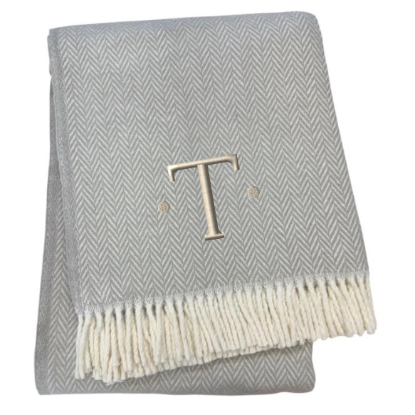 55" X 70" Gray And White Herringbone Cotton Blend T Initial Throw Blanket with Tassels And Embroidery-2