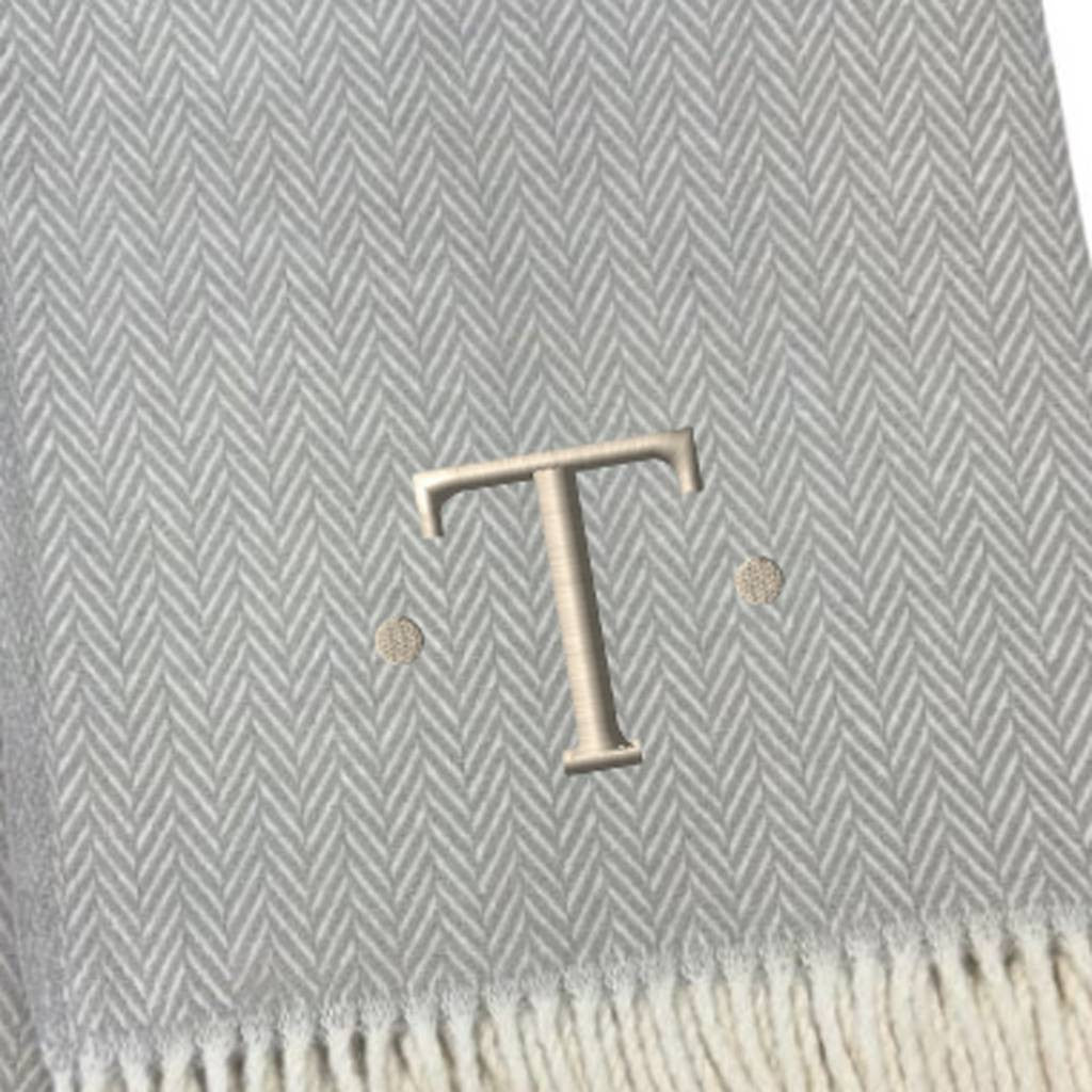 55" X 70" Gray And White Herringbone Cotton Blend T Initial Throw Blanket with Tassels And Embroidery-4