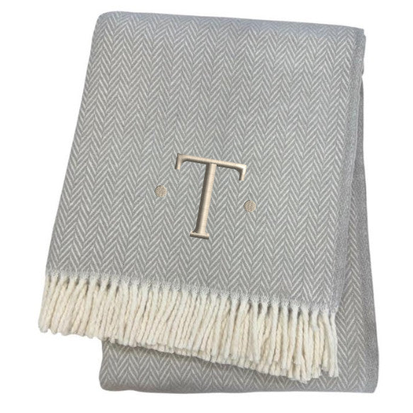 55" X 70" Gray And White Herringbone Cotton Blend T Initial Throw Blanket with Tassels And Embroidery-3