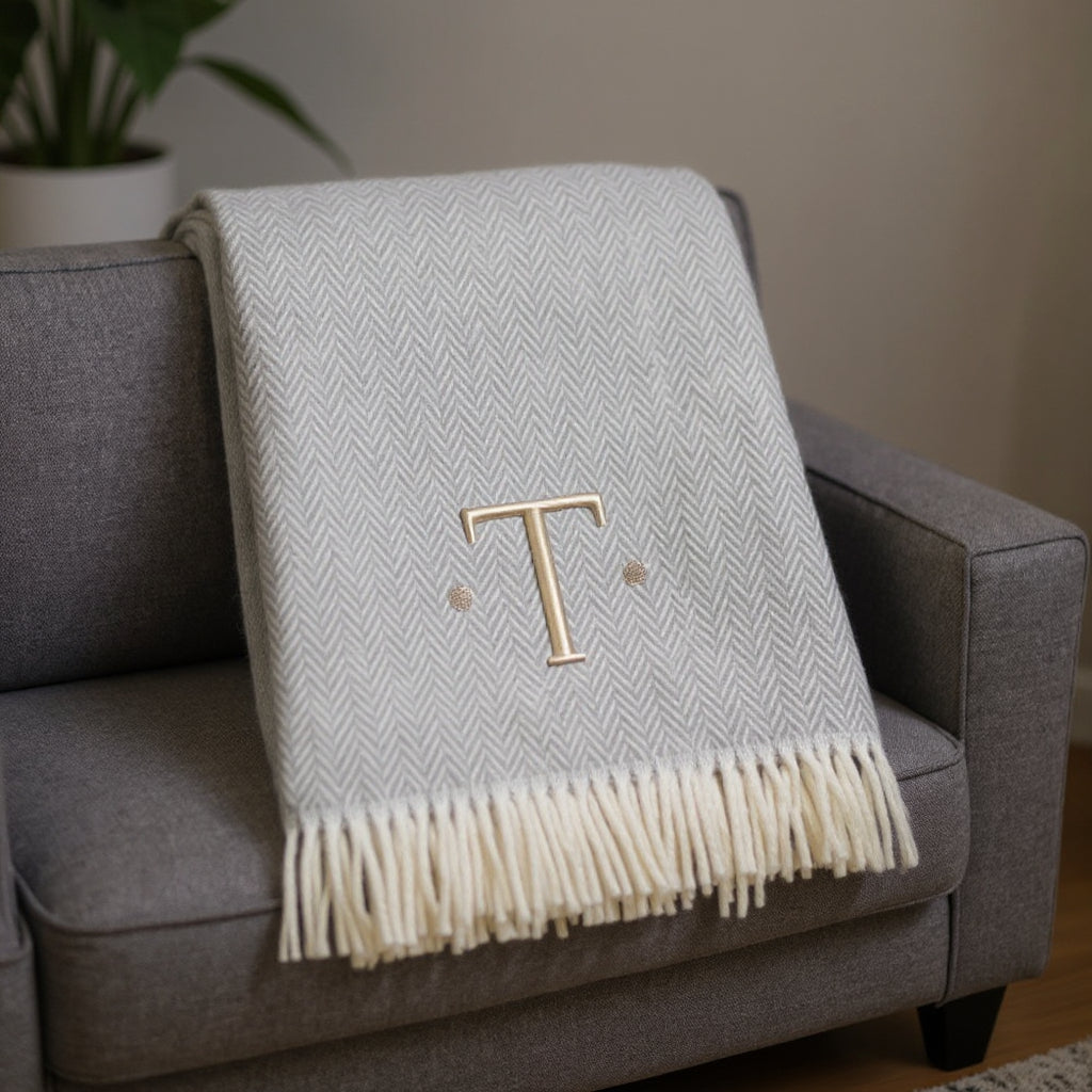 55" X 70" Gray And White Herringbone Cotton Blend T Initial Throw Blanket with Tassels And Embroidery-1