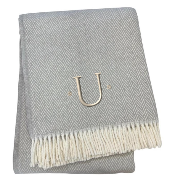 55" X 70" Gray And White Herringbone Cotton Blend U Initial Throw Blanket with Tassels And Embroidery-2