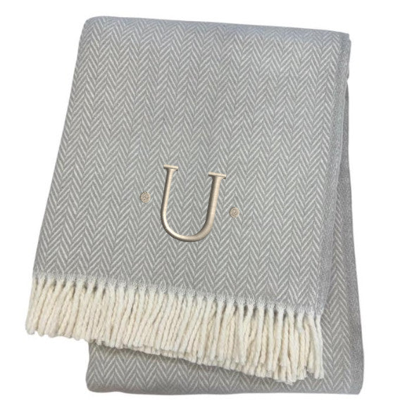 55" X 70" Gray And White Herringbone Cotton Blend U Initial Throw Blanket with Tassels And Embroidery-3