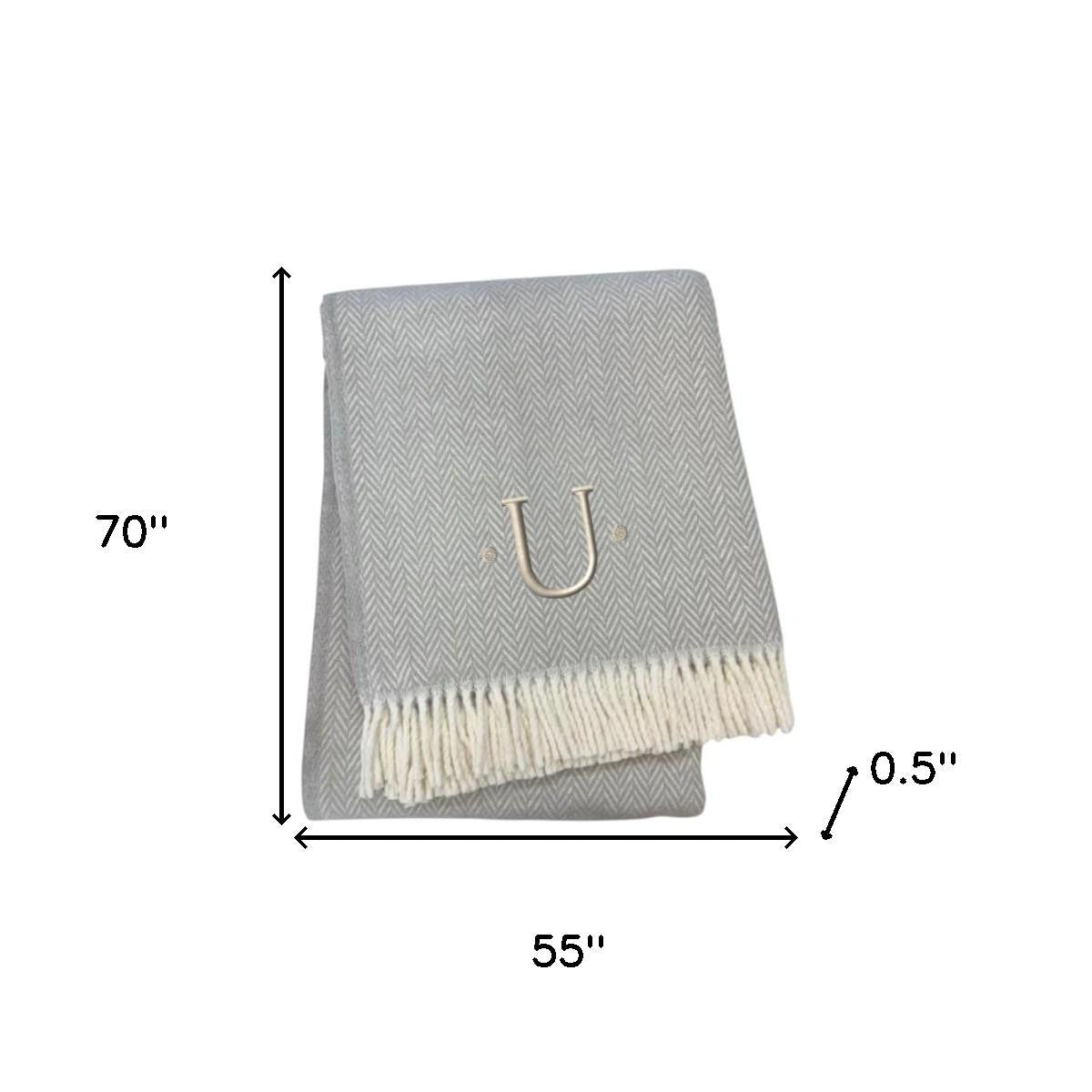 55" X 70" Gray And White Herringbone Cotton Blend U Initial Throw Blanket with Tassels And Embroidery-5