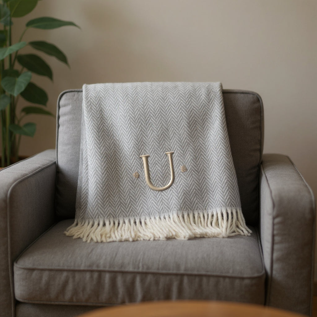 55" X 70" Gray And White Herringbone Cotton Blend U Initial Throw Blanket with Tassels And Embroidery-1