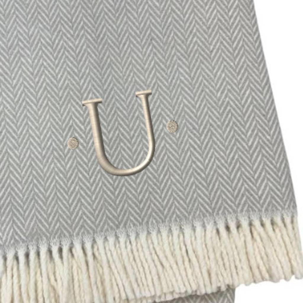 55" X 70" Gray And White Herringbone Cotton Blend U Initial Throw Blanket with Tassels And Embroidery-4