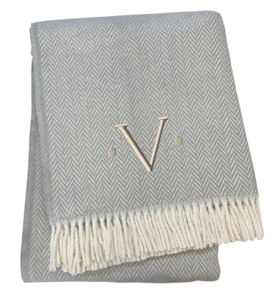 55" X 70" Gray And White Herringbone Cotton Blend V Initial Throw Blanket with Tassels And Embroidery-2
