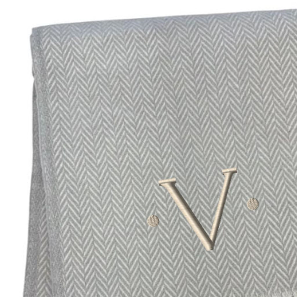 55" X 70" Gray And White Herringbone Cotton Blend V Initial Throw Blanket with Tassels And Embroidery-4