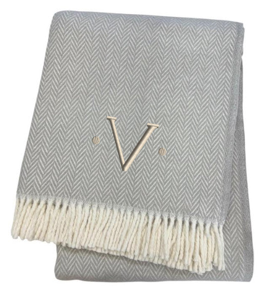 55" X 70" Gray And White Herringbone Cotton Blend V Initial Throw Blanket with Tassels And Embroidery-3