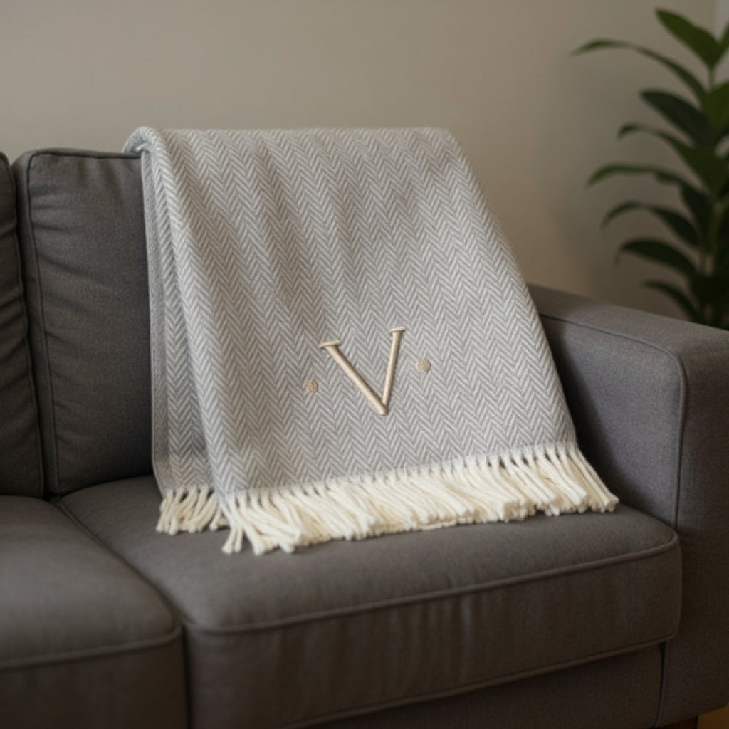 55" X 70" Gray And White Herringbone Cotton Blend V Initial Throw Blanket with Tassels And Embroidery-1