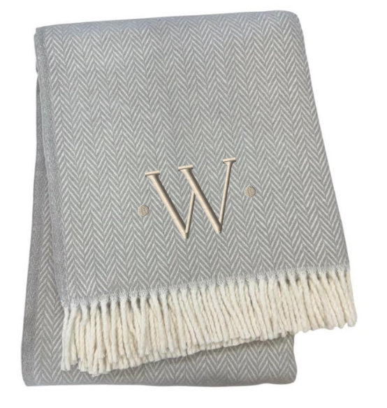 55" X 70" Gray And White Herringbone Cotton Blend W Initial Throw Blanket with Tassels And Embroidery-2