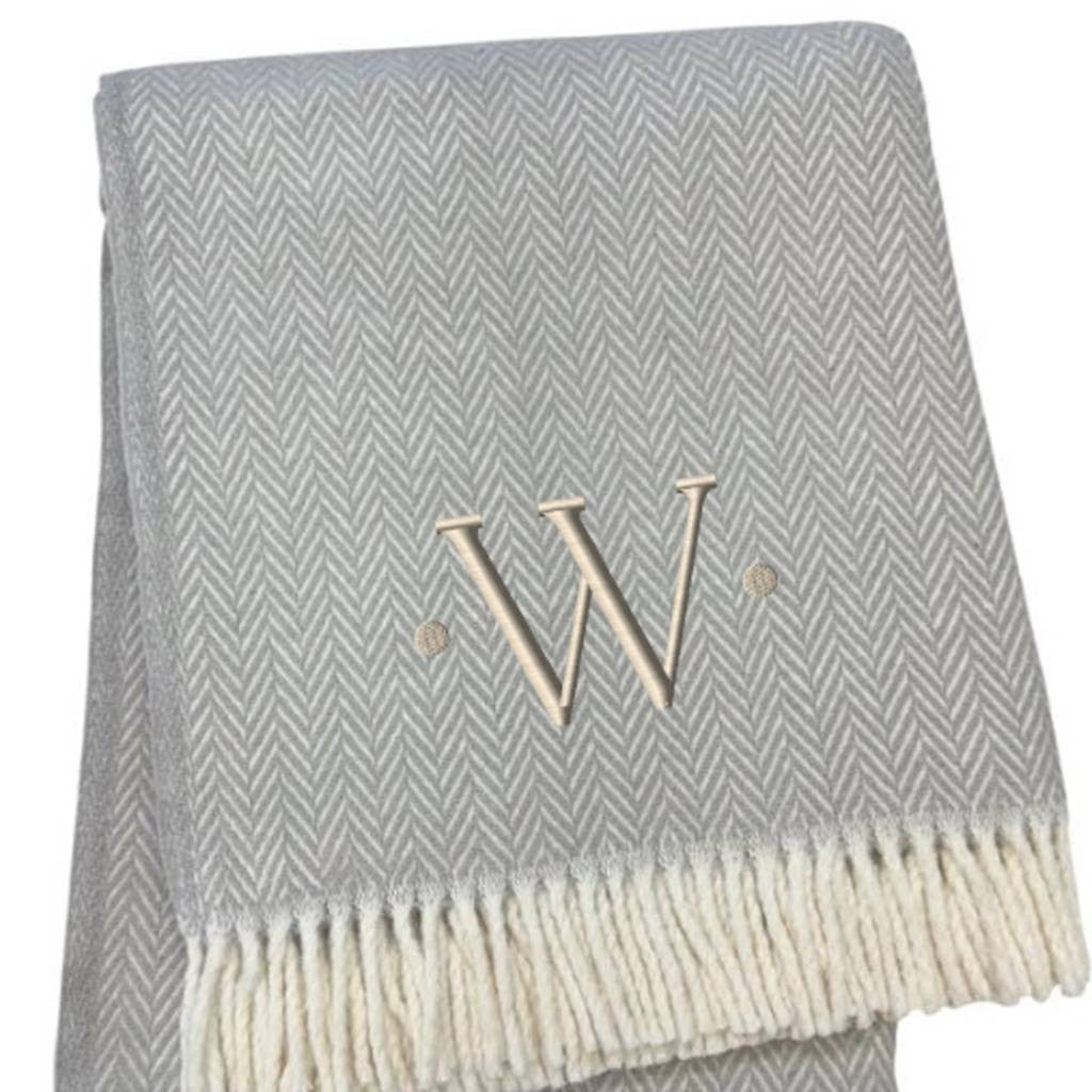 55" X 70" Gray And White Herringbone Cotton Blend W Initial Throw Blanket with Tassels And Embroidery-4
