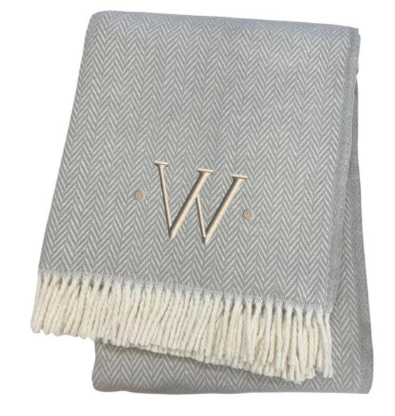 55" X 70" Gray And White Herringbone Cotton Blend W Initial Throw Blanket with Tassels And Embroidery-3