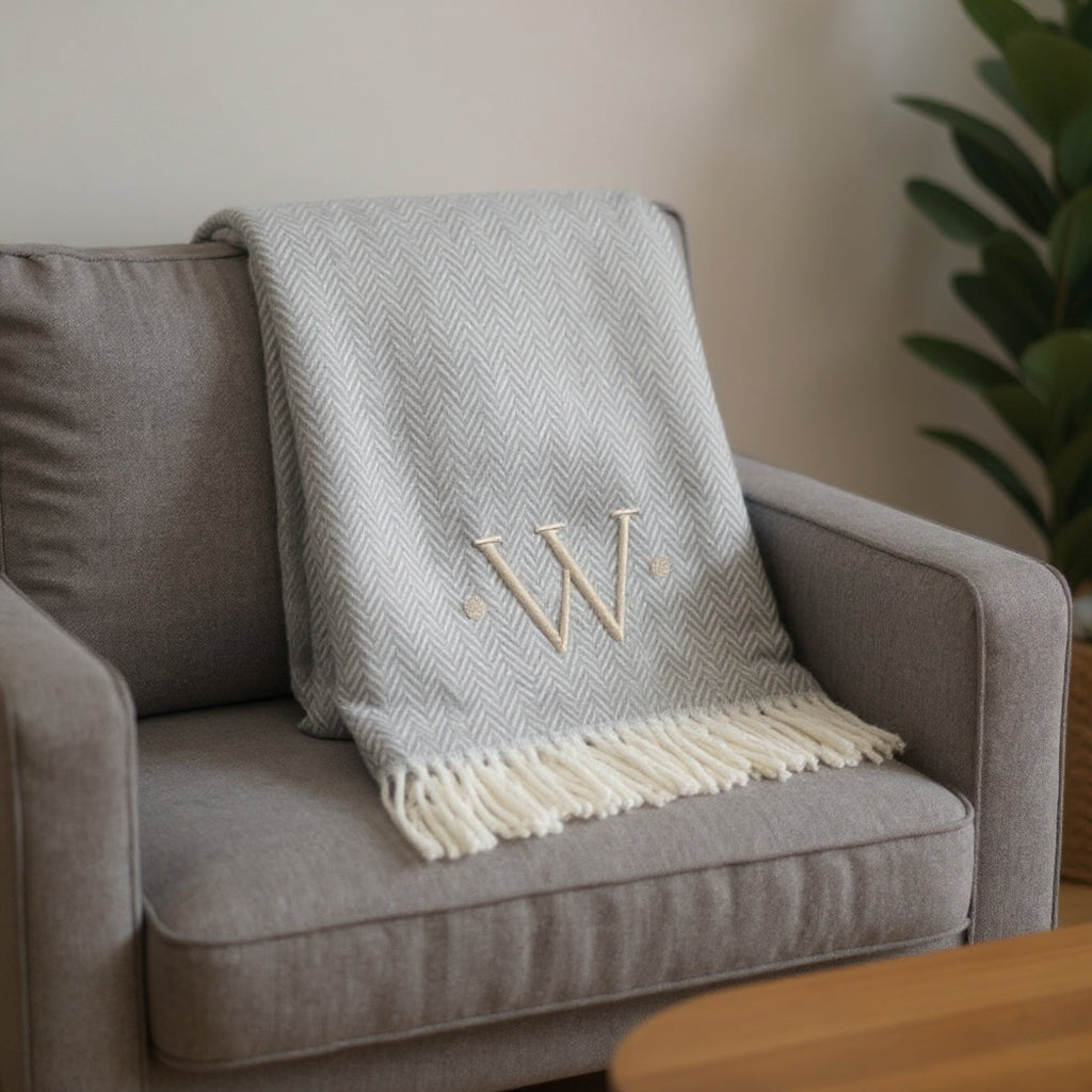 55" X 70" Gray And White Herringbone Cotton Blend W Initial Throw Blanket with Tassels And Embroidery-1