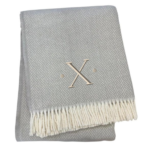 55" X 70" Gray And White Herringbone Cotton Blend X Initial Throw Blanket with Tassels And Embroidery-2
