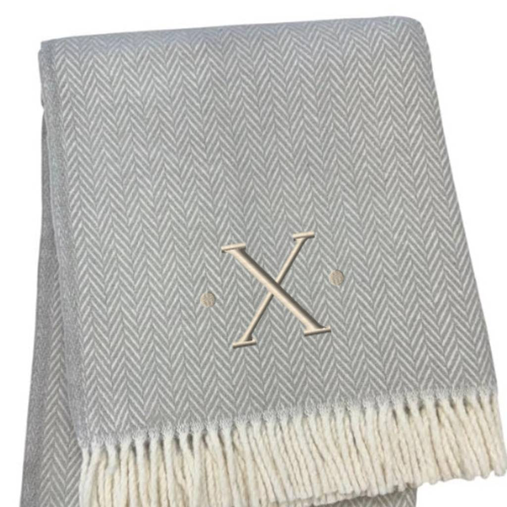 55" X 70" Gray And White Herringbone Cotton Blend X Initial Throw Blanket with Tassels And Embroidery-4