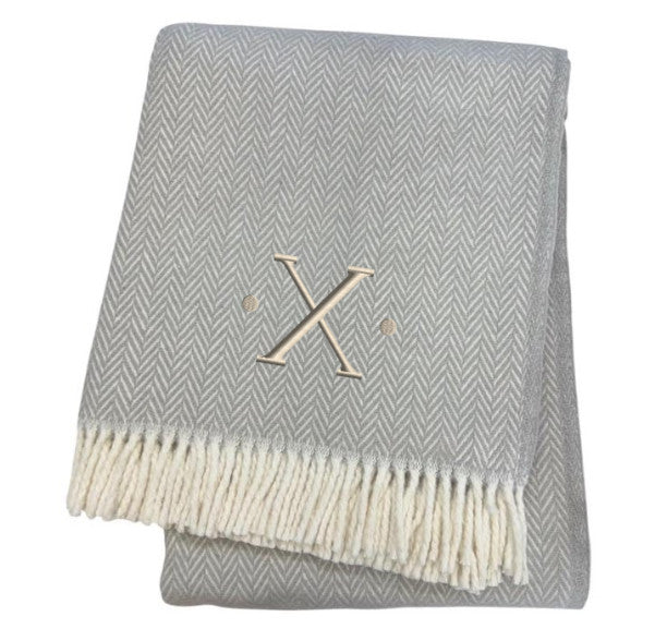 55" X 70" Gray And White Herringbone Cotton Blend X Initial Throw Blanket with Tassels And Embroidery-3