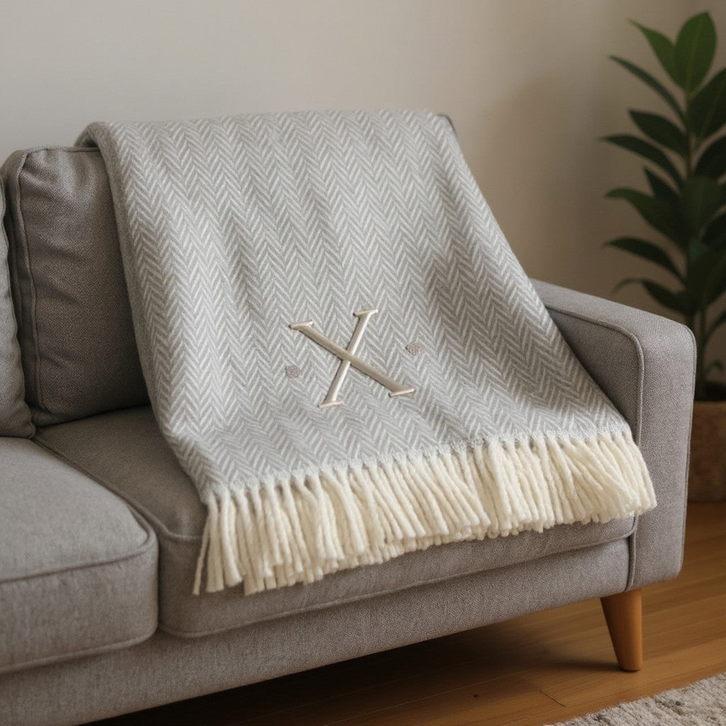 55" X 70" Gray And White Herringbone Cotton Blend X Initial Throw Blanket with Tassels And Embroidery-1
