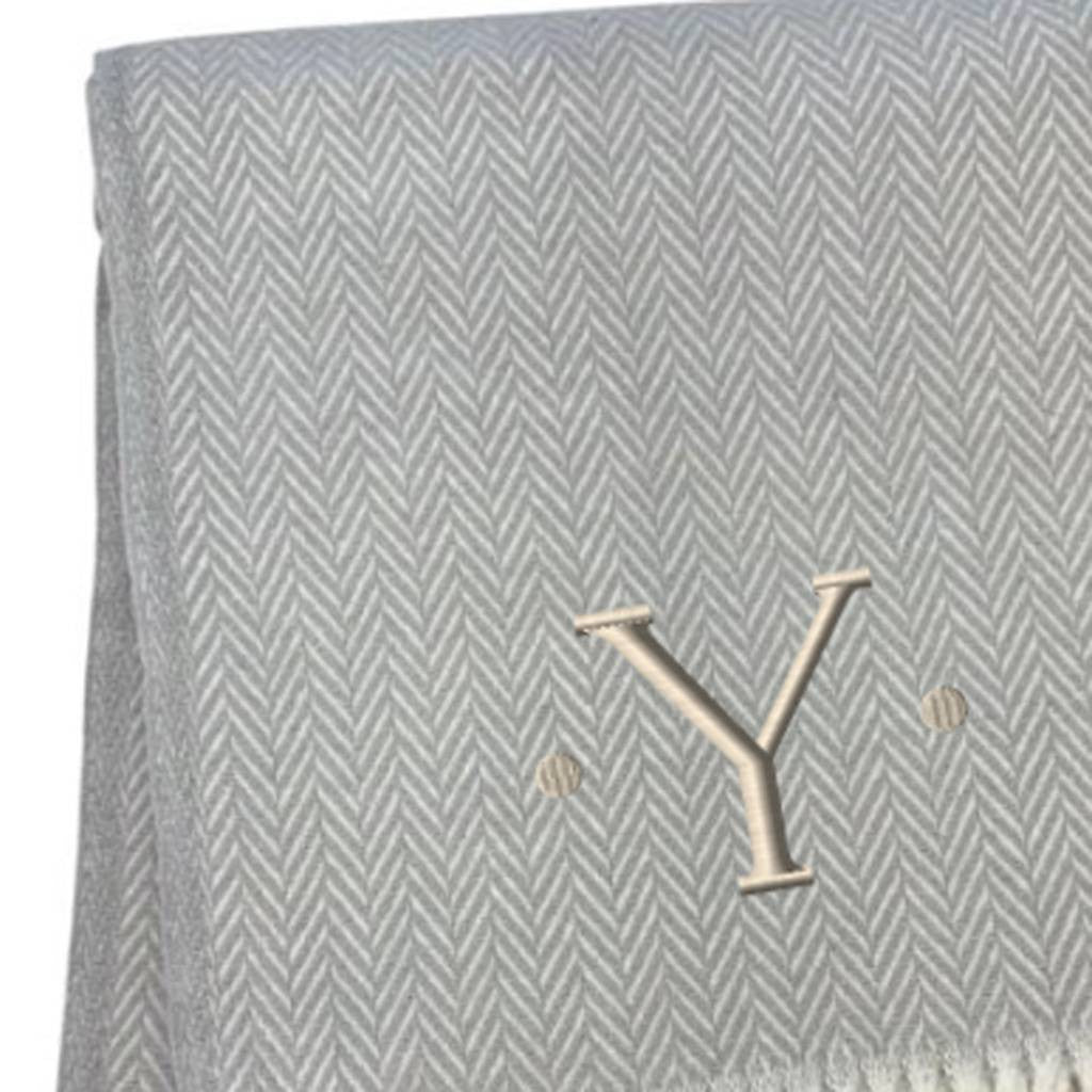 55" X 70" Gray And White Herringbone Cotton Blend Woven Throw Blanket with Tassels And Embroidery-3