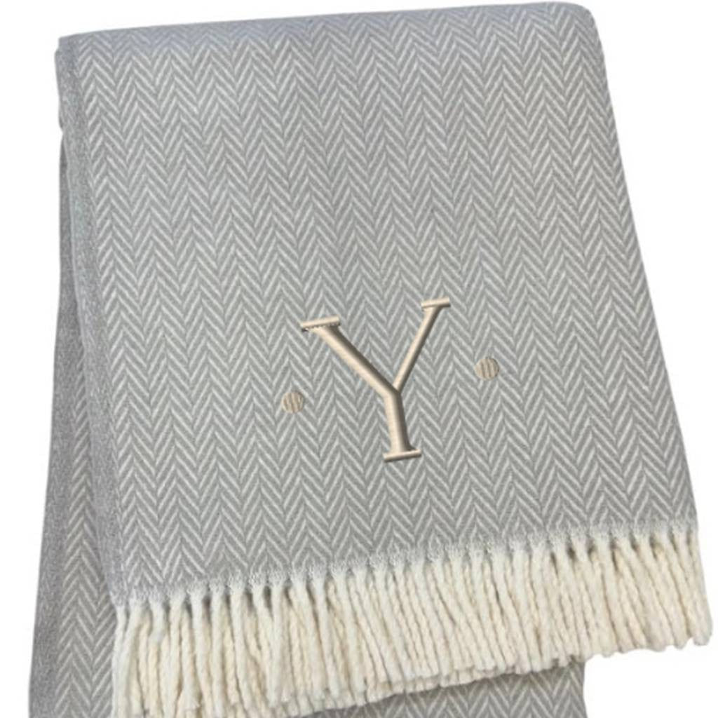 55" X 70" Gray And White Herringbone Cotton Blend Woven Throw Blanket with Tassels And Embroidery-4