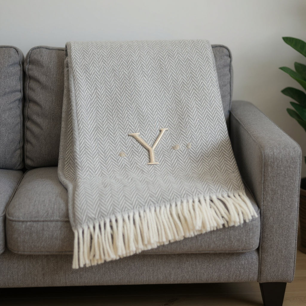 55" X 70" Gray And White Herringbone Cotton Blend Woven Throw Blanket with Tassels And Embroidery-1