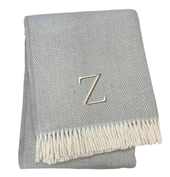 55" X 70" Gray And White Herringbone Cotton Blend Z Initial Throw Blanket with Tassels And Embroidery-2