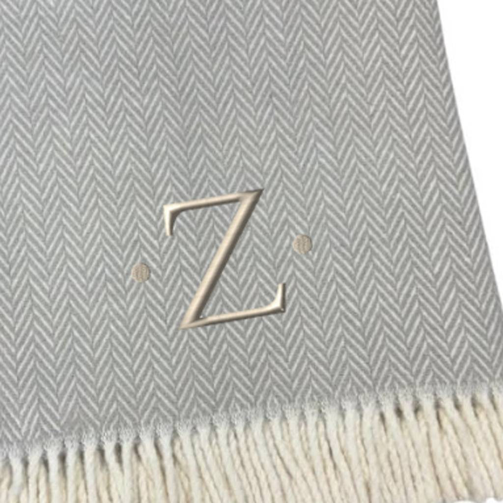 55" X 70" Gray And White Herringbone Cotton Blend Z Initial Throw Blanket with Tassels And Embroidery-3