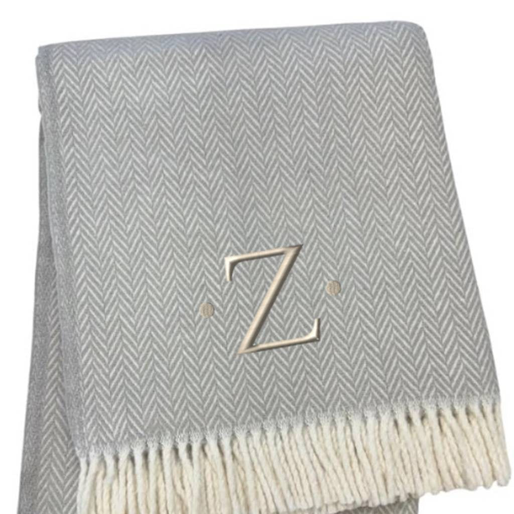 55" X 70" Gray And White Herringbone Cotton Blend Z Initial Throw Blanket with Tassels And Embroidery-4