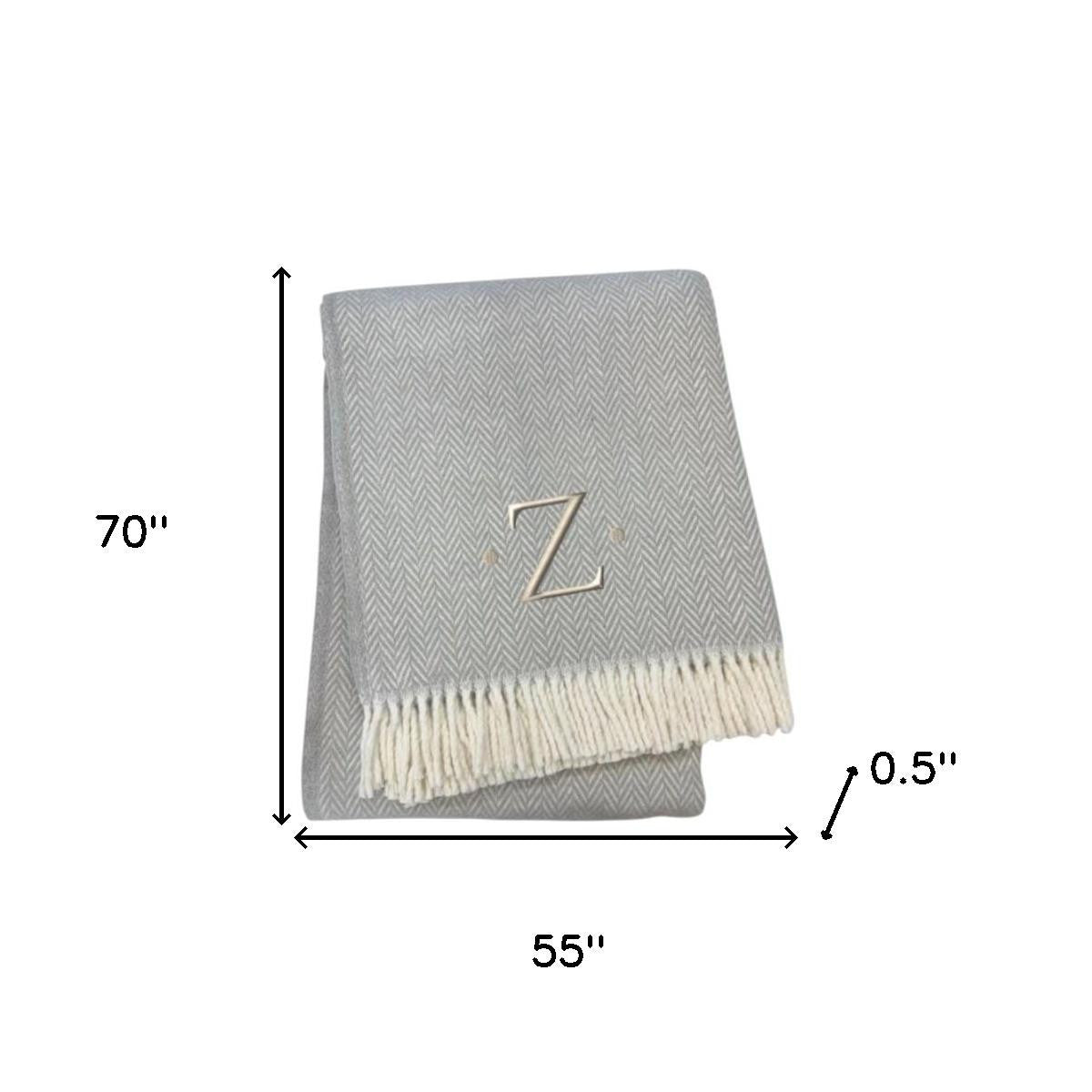 55" X 70" Gray And White Herringbone Cotton Blend Z Initial Throw Blanket with Tassels And Embroidery-5