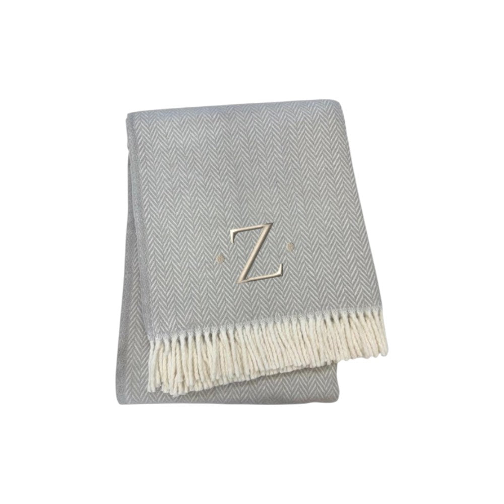 55" X 70" Gray And White Herringbone Cotton Blend Z Initial Throw Blanket with Tassels And Embroidery-0