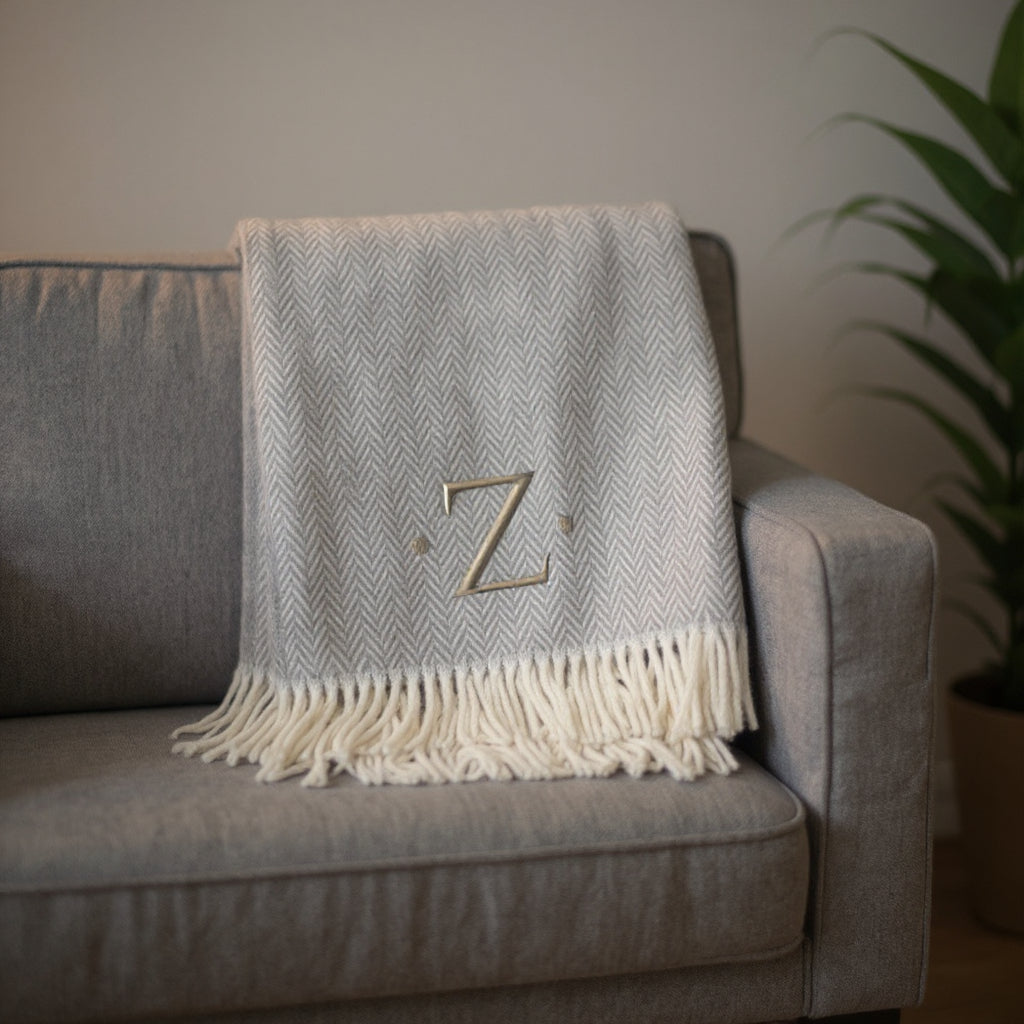 55" X 70" Gray And White Herringbone Cotton Blend Z Initial Throw Blanket with Tassels And Embroidery-1