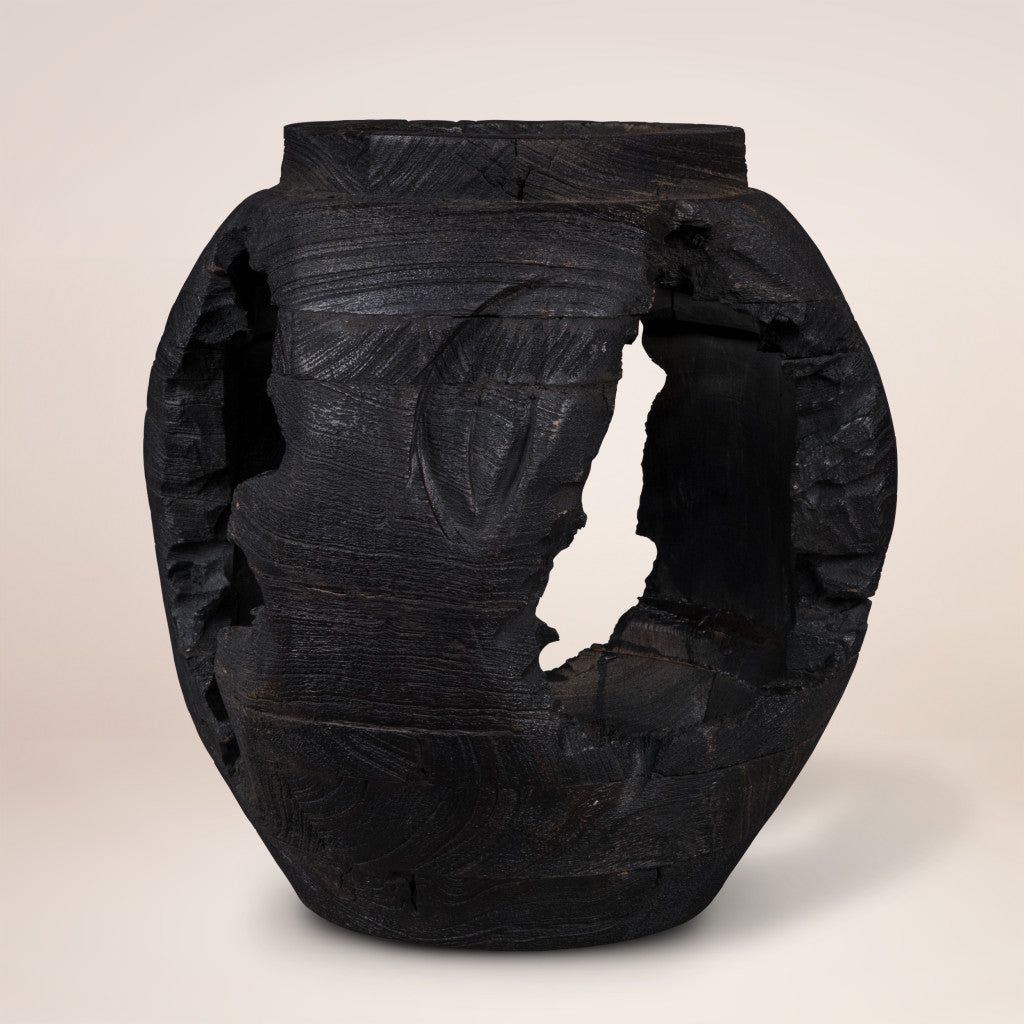 14" Ebony And Black Abstract Solid Wood Table Vase With Sculptural Details-3
