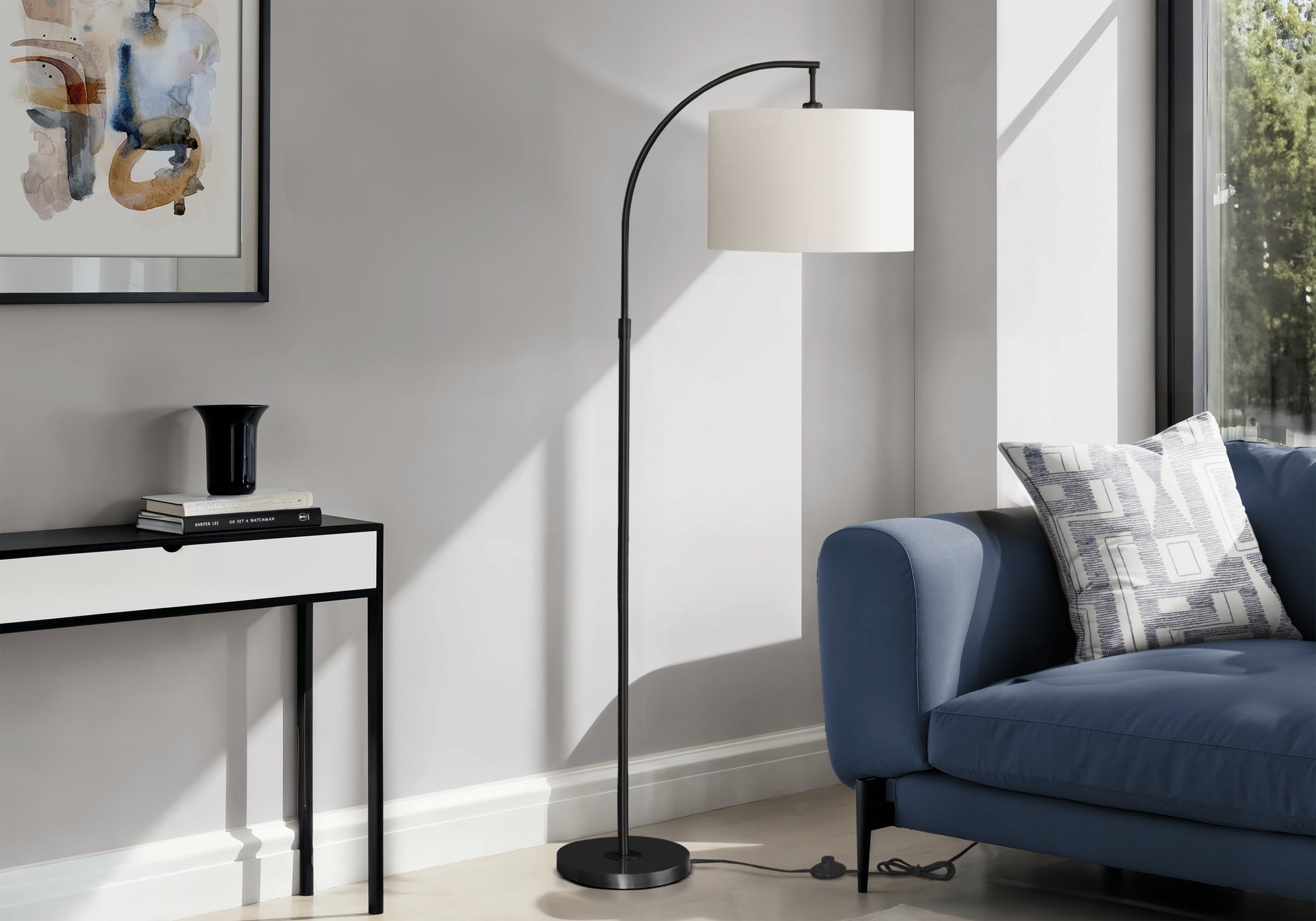 65"H Arc Floor Lamp - Black Metal with Ivory Shade-Lighting-DECOROLALA