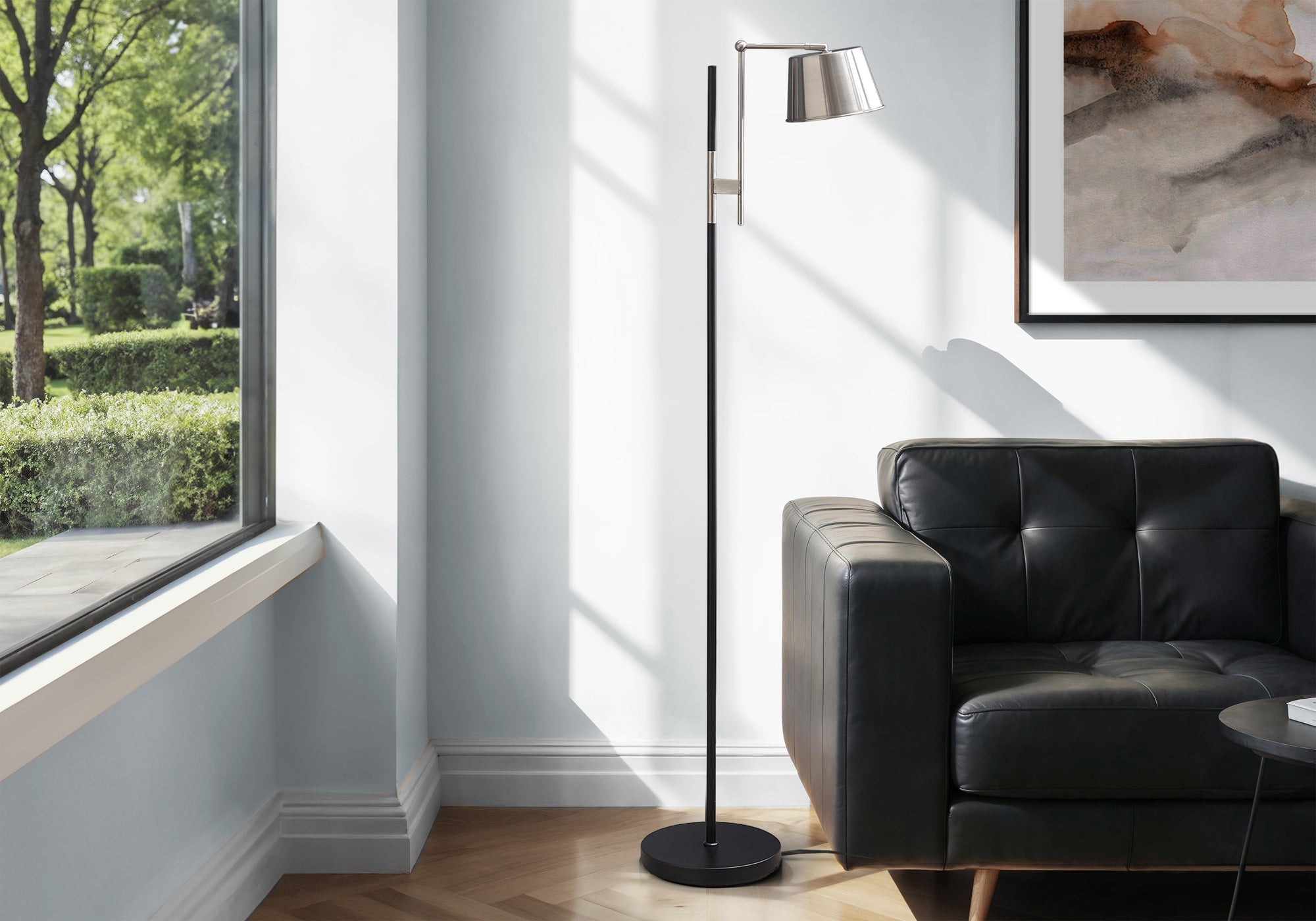 65"H Industrial Floor Lamp Black Metal Nickel Shade-Lighting-DECOROLALA