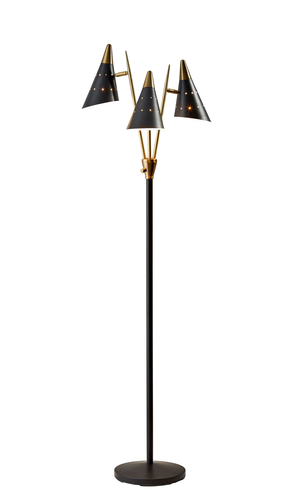 66" Black And Gold Metal Three Light Novelty Floor Lamp With Black Metal Cone Shade-Floor Lamps-DECOROLALA
