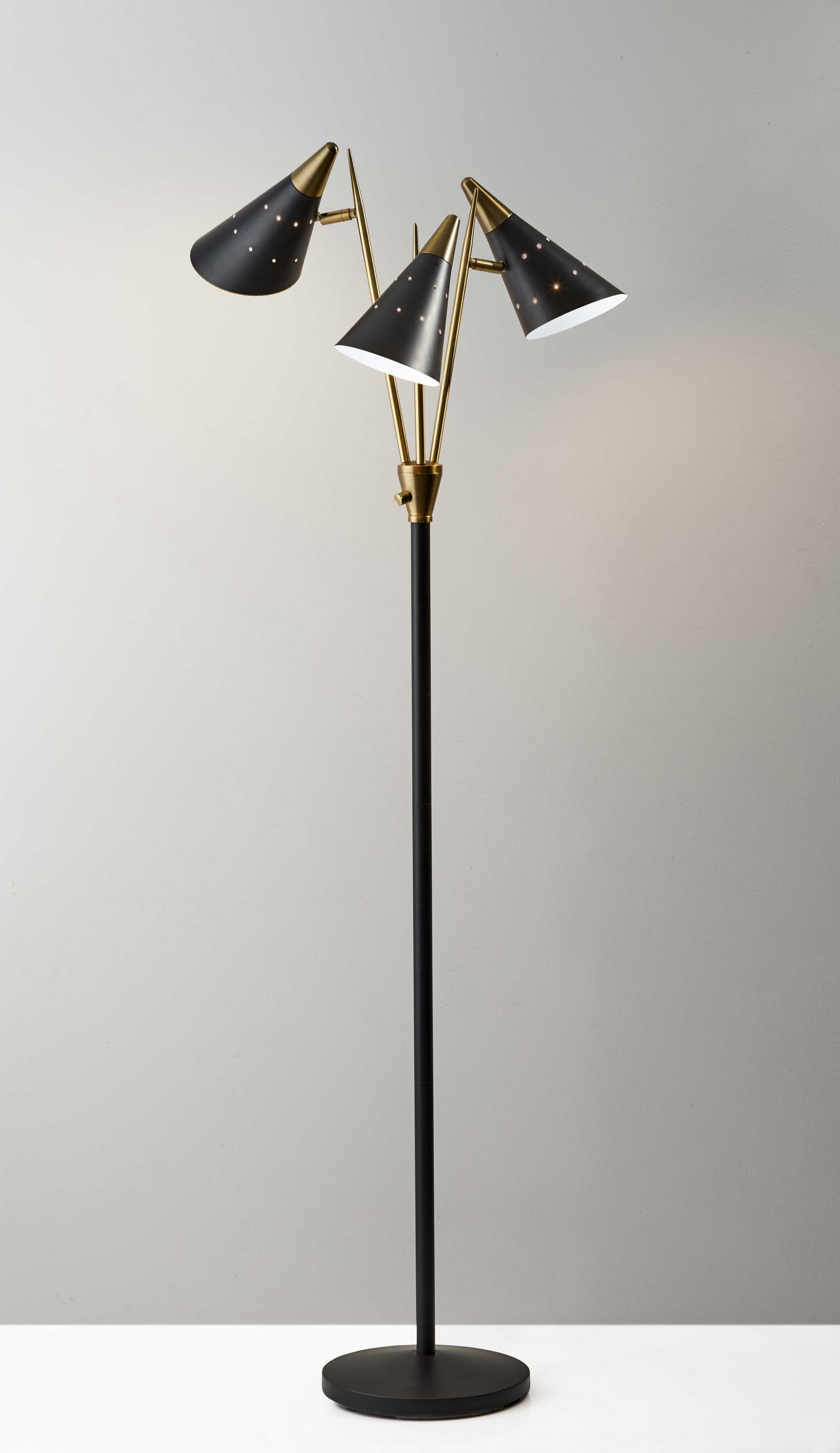 66" Black And Gold Metal Three Light Novelty Floor Lamp With Black Metal Cone Shade-Floor Lamps-DECOROLALA