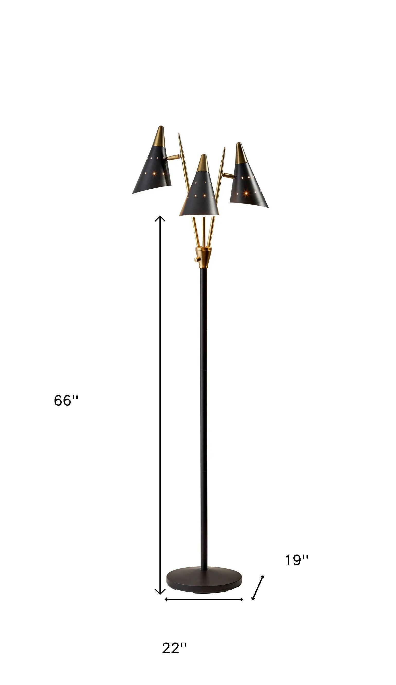 66" Black And Gold Metal Three Light Novelty Floor Lamp With Black Metal Cone Shade-Floor Lamps-DECOROLALA