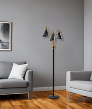 66" Black And Gold Metal Three Light Novelty Floor Lamp With Black Metal Cone Shade-Floor Lamps-DECOROLALA