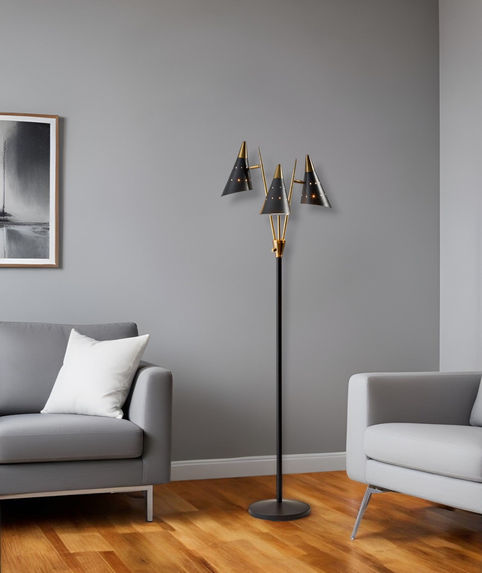 66" Black And Gold Metal Three Light Novelty Floor Lamp With Black Metal Cone Shade-Floor Lamps-DECOROLALA