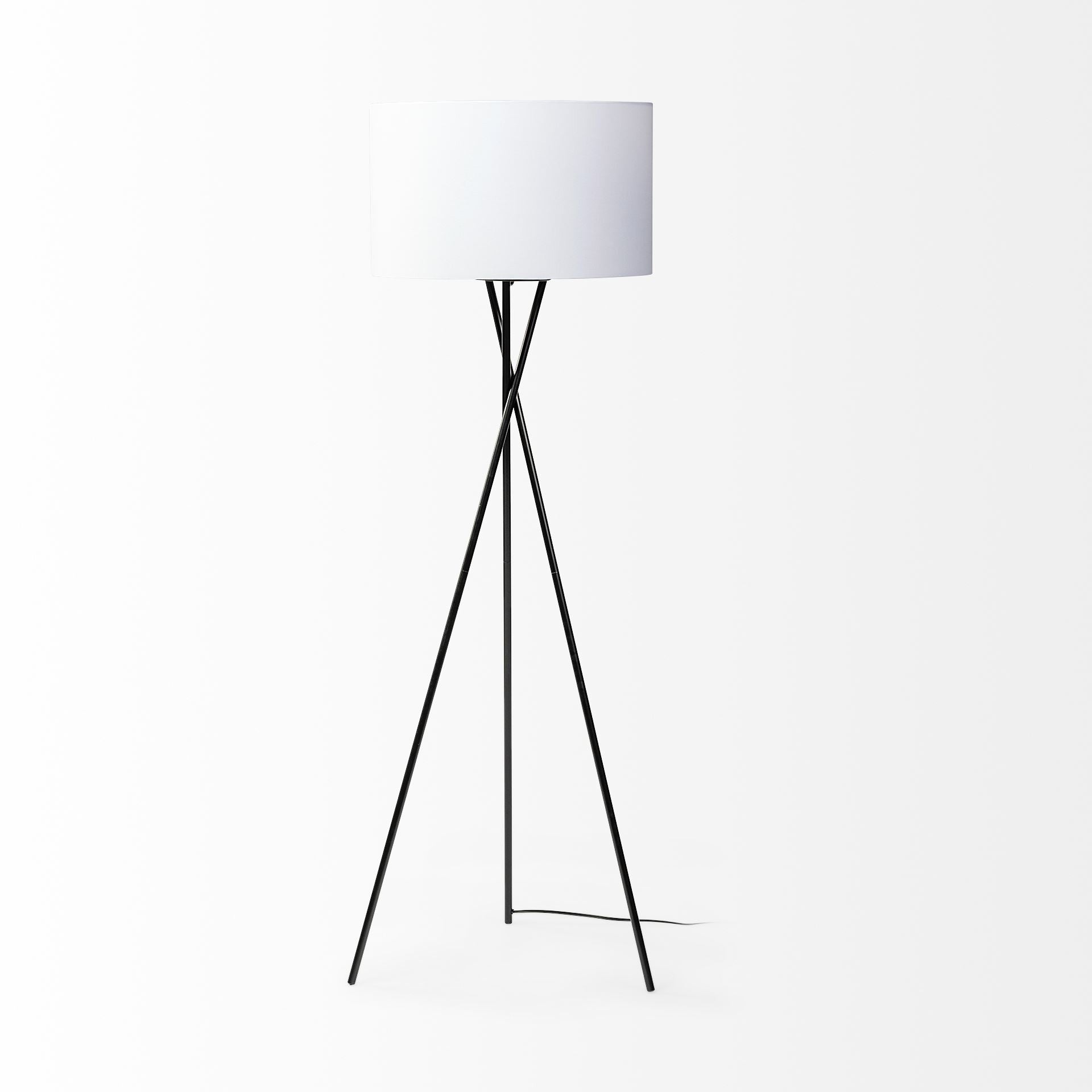 66" Black Tripod Floor Lamp With White Fabric Drum Shade-Floor Lamps-DECOROLALA
