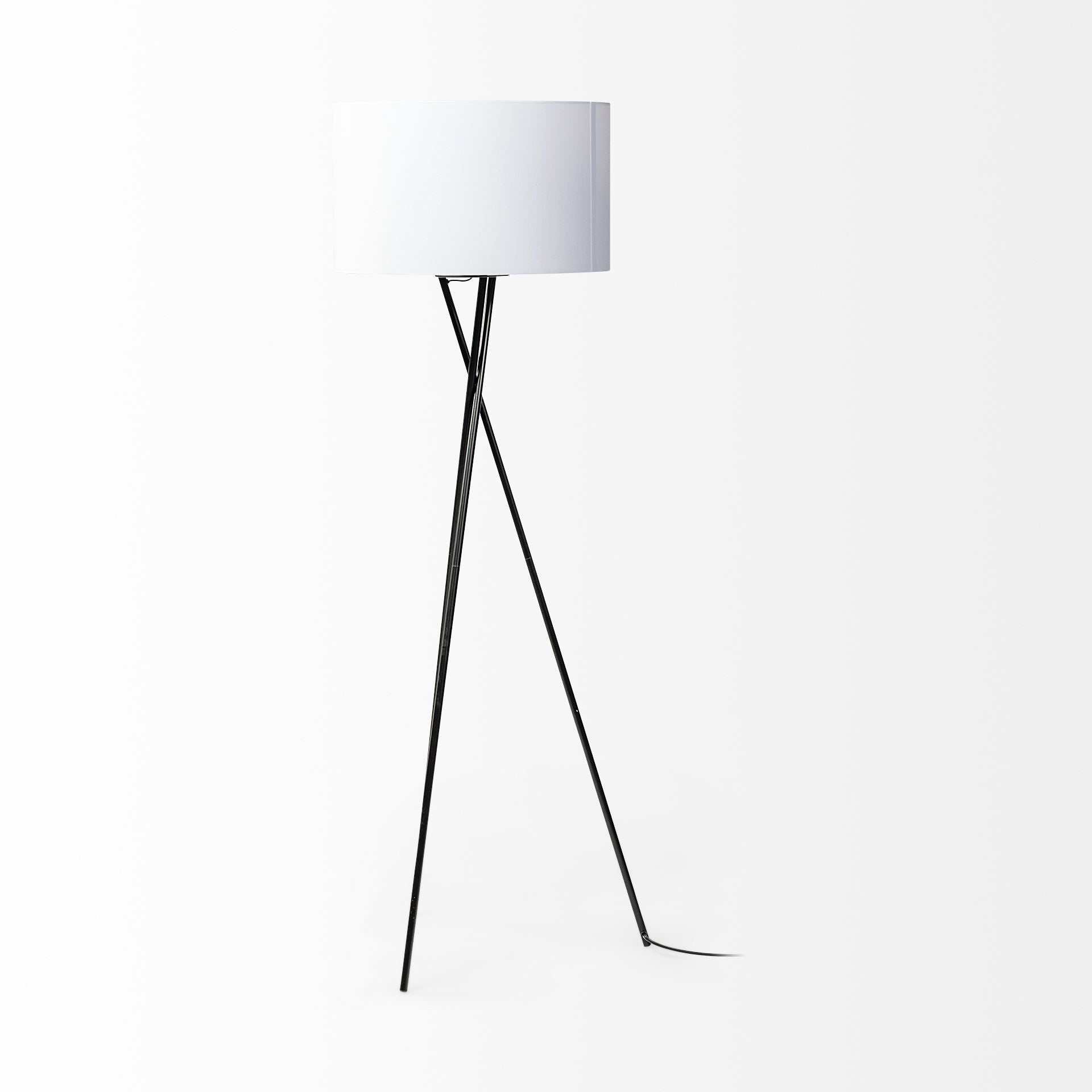 66" Black Tripod Floor Lamp With White Fabric Drum Shade-Floor Lamps-DECOROLALA