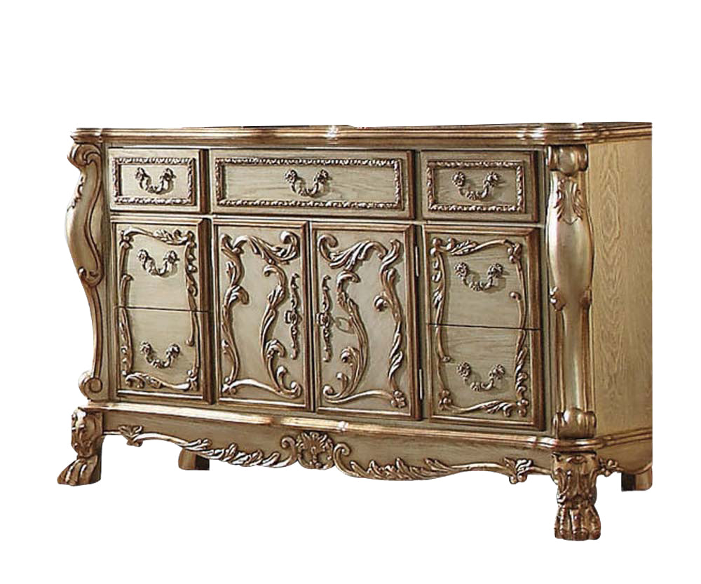 66" Gold Solid Wood Carved Scrollwork Seven Drawer Sideboard with Two Doors-Sideboards-DECOROLALA