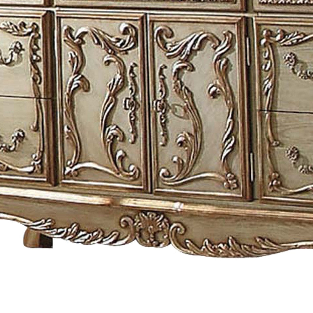 66" Gold Solid Wood Carved Scrollwork Seven Drawer Sideboard with Two Doors-Sideboards-DECOROLALA