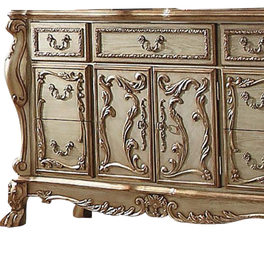 66" Gold Solid Wood Carved Scrollwork Seven Drawer Sideboard with Two Doors-Sideboards-DECOROLALA