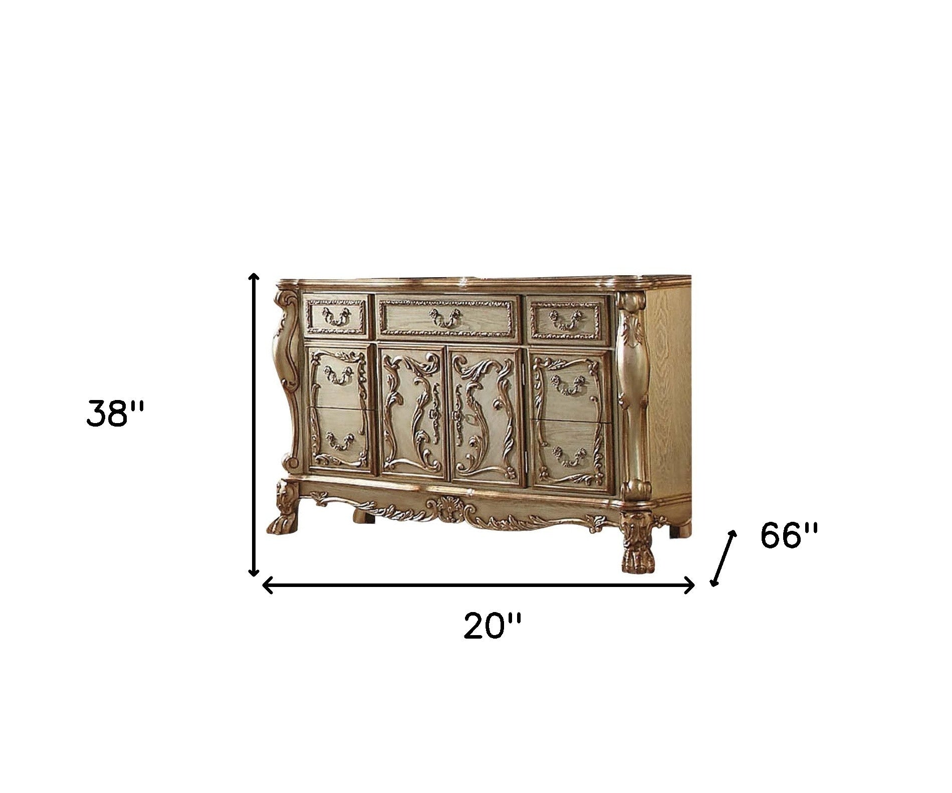 66" Gold Solid Wood Carved Scrollwork Seven Drawer Sideboard with Two Doors-Sideboards-DECOROLALA