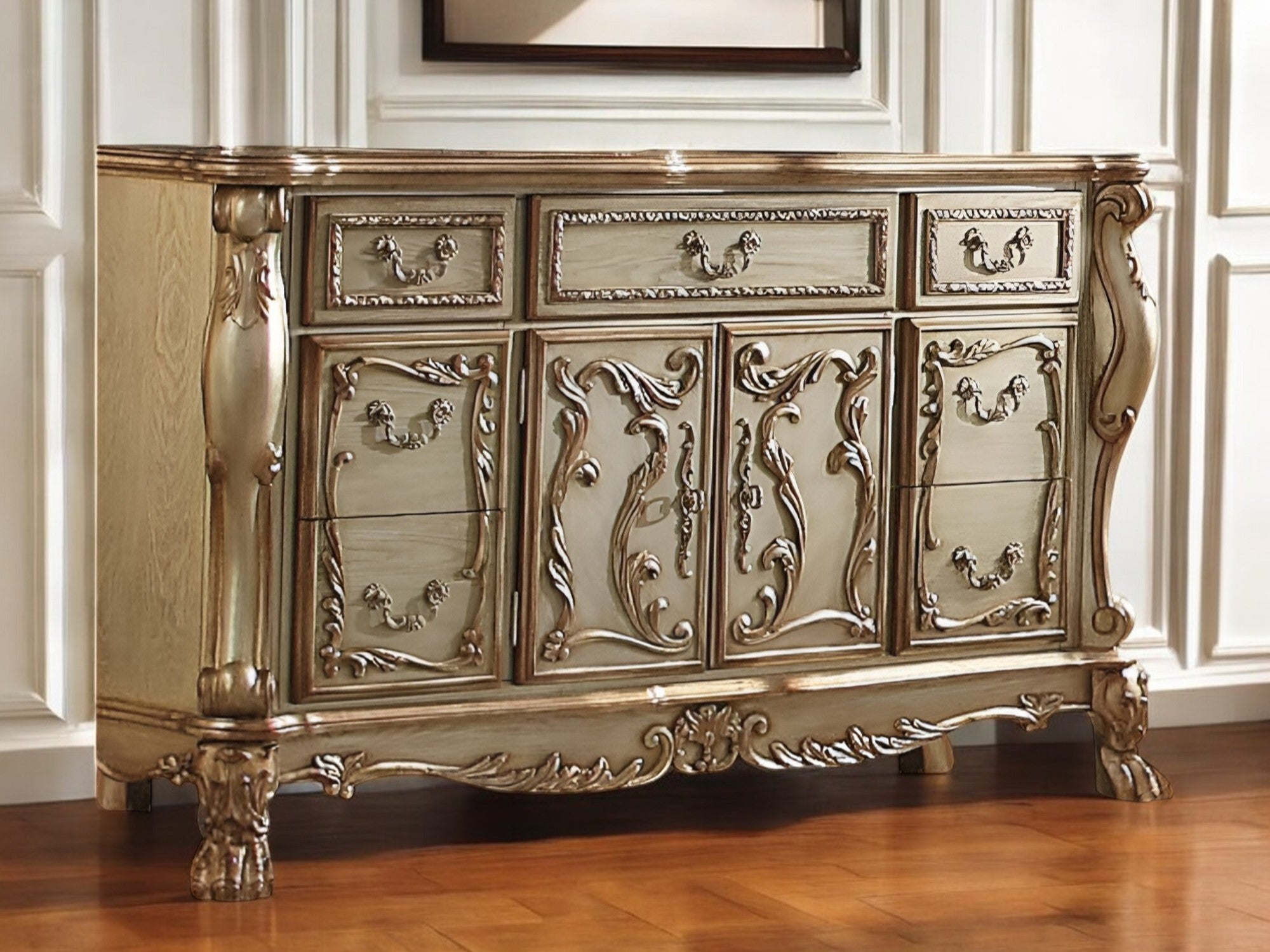 66" Gold Solid Wood Carved Scrollwork Seven Drawer Sideboard with Two Doors-Sideboards-DECOROLALA